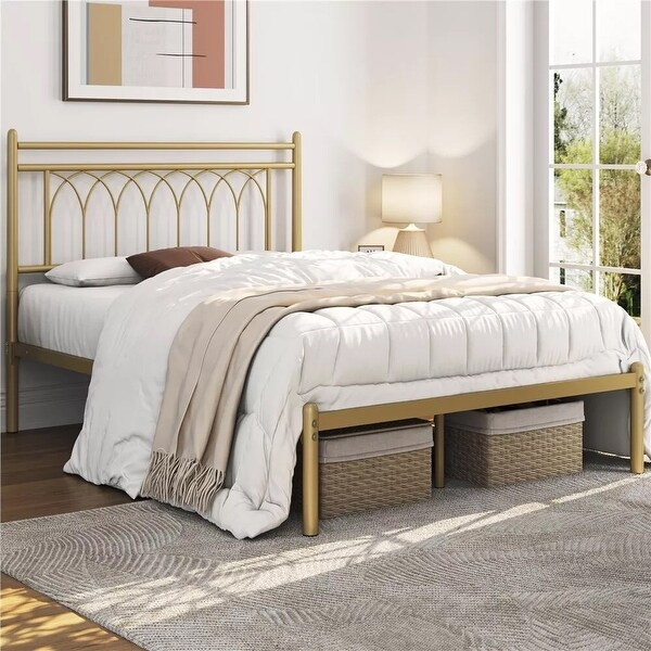 Full Metal Platform Bed Frame Petal Accented Headboard Antique Gold Beige