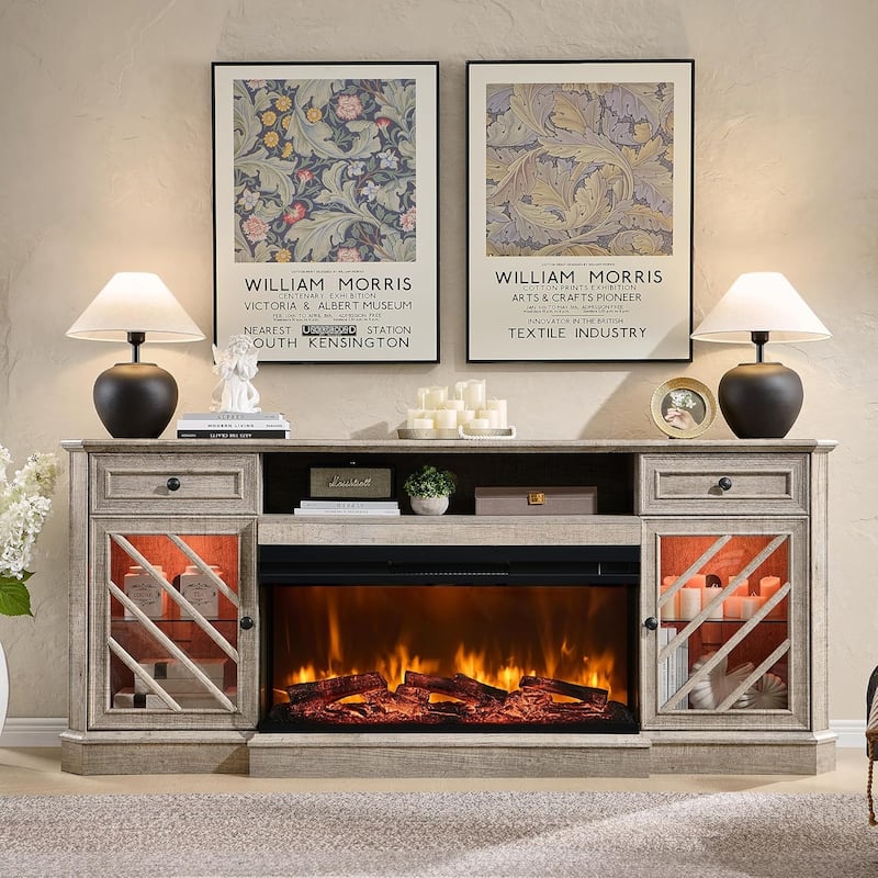 Farmhouse TV Stand with 3-Sided Fireplace, Entertainment Center