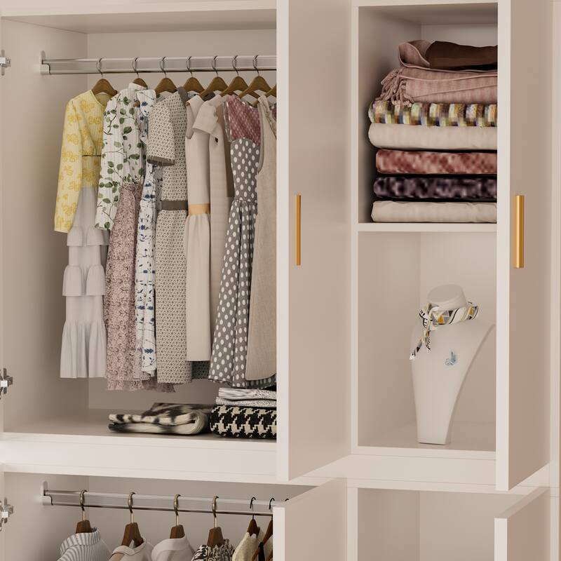 Gymojoy Armoire Wardrobe Closet, White Wooden Freestanding Clothes Storage Cabinet with Hanging Rods and Shelves for Bedroom