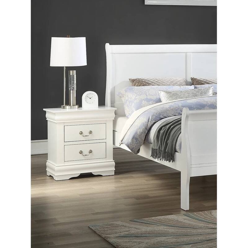 Elegant White Nightstand with Antique Brass Pulls, Solid Wood Construction