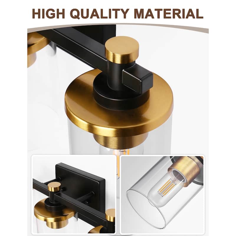 YANSUN 3-Light Vanity Light with Clear Cylindrical Glass Shades Black and Gold Finish Square Base and Rods for Modern Bathrooms