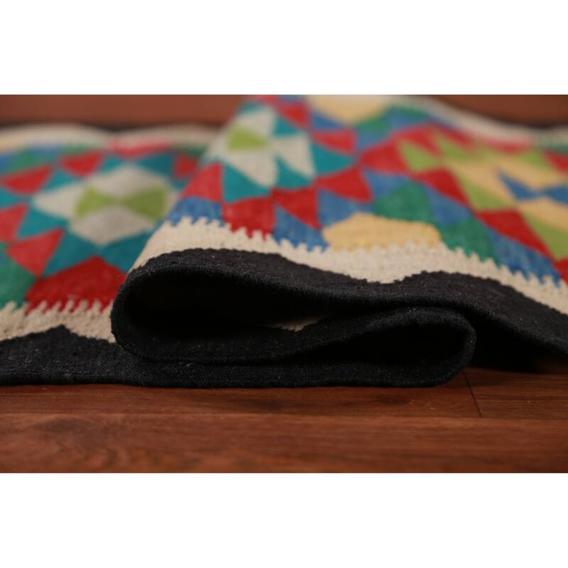 Hand Woven Oriental 100% Wool Carpet Southwestern Geometric Multi-Colored Kilim Runner Rug - 12' 8'' X 2' 8''