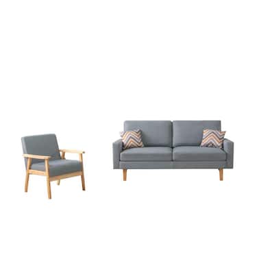 Gala 2pc Sofa and Chair Set, Light Gray Fabric, 2 Pillows, Brown Wood Frame