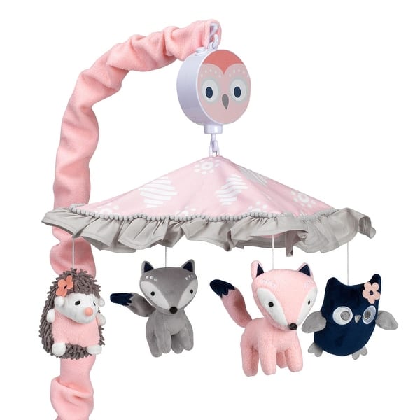slide 2 of 6, Lambs & Ivy Forever Friends Pink/Gray Woodland Owl/Fox Musical Baby Crib Mobile