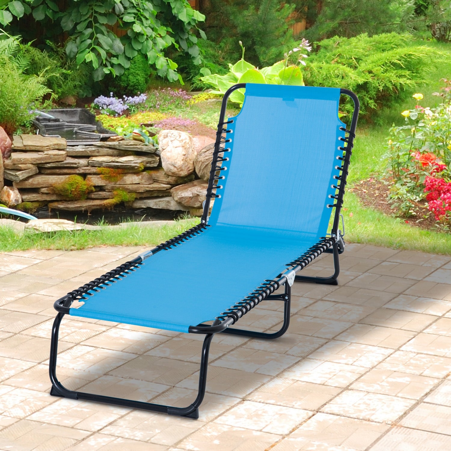 Outsunny Adjustable Reclining Beach Sun Lounger Chaise Lounge Chair Blue 