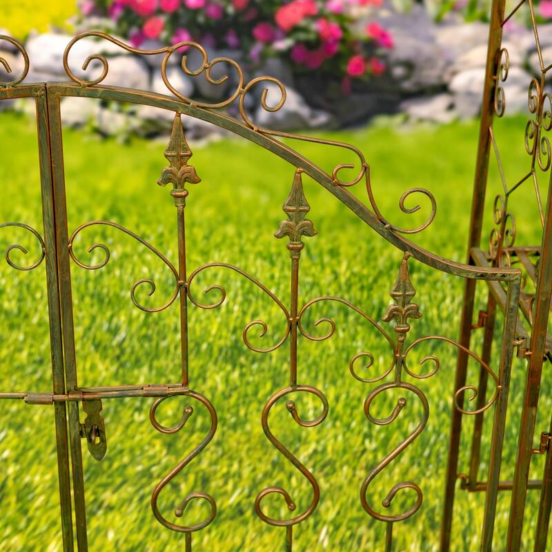 96 Inch Tall Iron Garden Gate Arch with Plant Stands