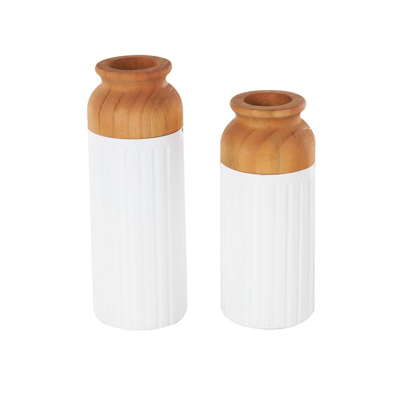 Metal Color Block Decorative Vase with Rounded Linear Grooves and Brown Wood Tops - Set of 2 White - Roche River Decor