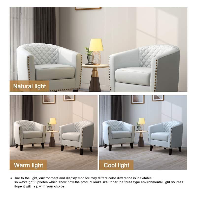 2 Set 29" W Vegan Leather Barrel Accent Chairs with Nailheads Trim