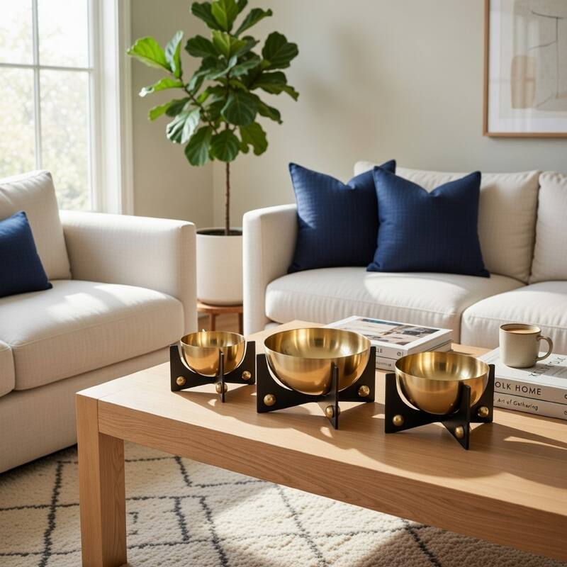 Set of 3 Aluminum Round Decorative Bowls, Gold Finish, Jet Black Stand
