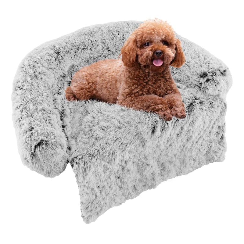 White-Grey Plush Calming Dog Couch Bed with Anti-Slip Bottom