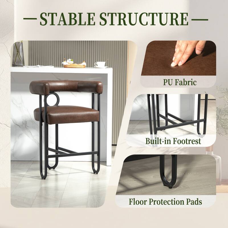 Bar Stools Set of 2, Upholstered Counter Height Stools with Back, Kitchen Island Chairs with Footrest and Metal Frame