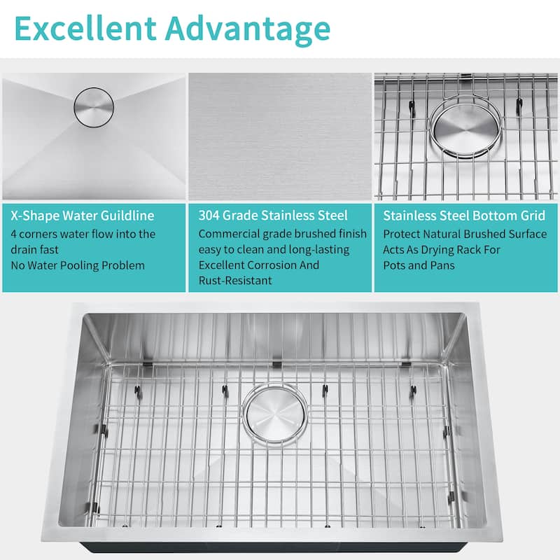 Easygo 304 Premium Stainless Steel Single Bowl 30'' x 18'' x 9'' Undermount Handmade Kitchen Sink - 18*30*9