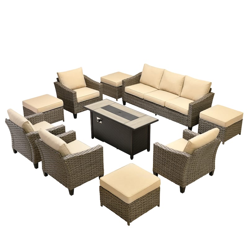 ​​OVIOS 10-Piece Outdoor Wicker Set with Fire Pit Table​