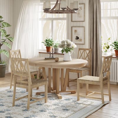 Solid Wood Extendable Round Table and X Back Chairs 5-piece Dining Set