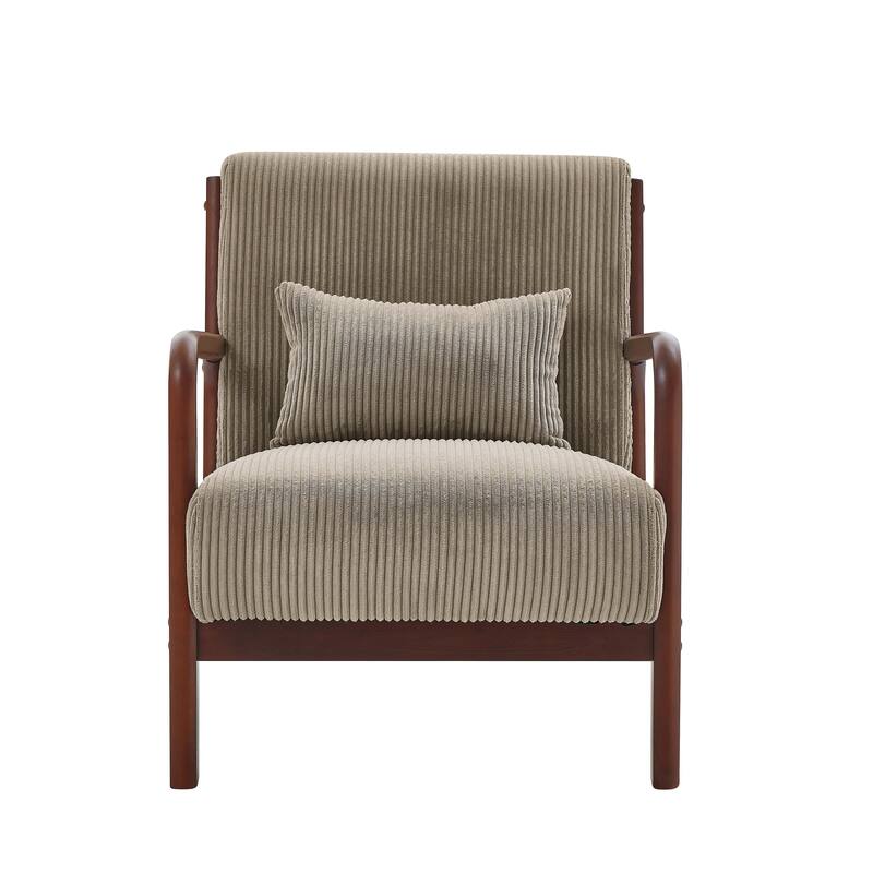 Scandinavian Lounge Chair Camel Corduroy Upholstered Solid Wood Armchair with Lumbar Cushion