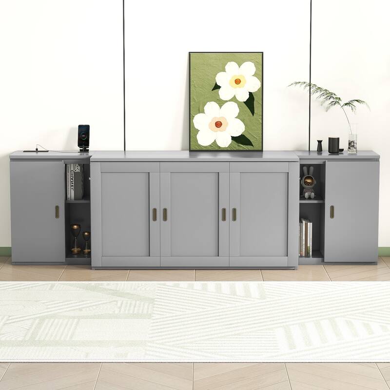 Murphy Bed with Built-in Charging Station, Shelves & Storage Cabinets, Platform Bed Frame Space-Saving Folding Wall Cabinets Bed
