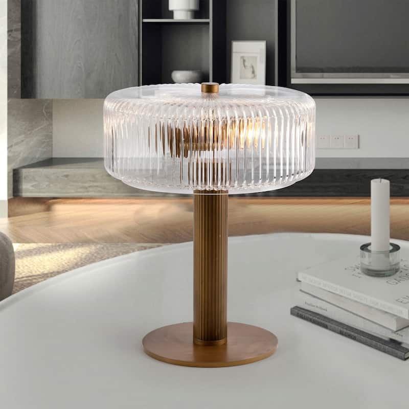 Trinia Antique Bronze Candle Stick Table Lamp with Ribbed Glass Crystal Drum Shade