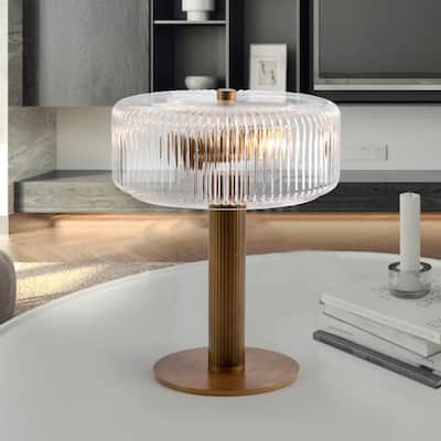 Trinia Antique Bronze Candle Stick Table Lamp with Ribbed Glass Crystal Drum Shade