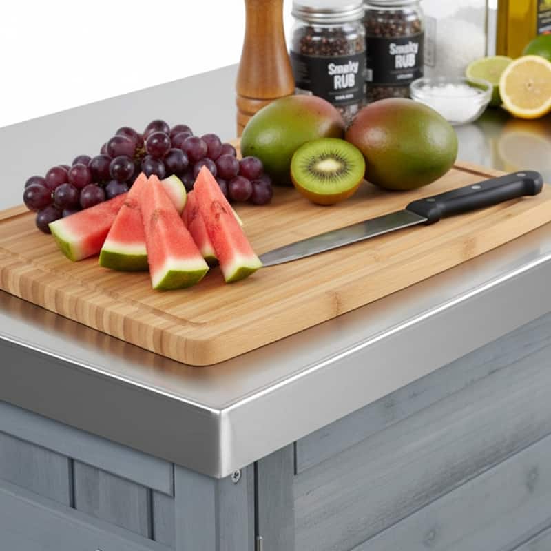 78.3" Outdoor Kitchen Island with Foldable Grill Table, Wooden Outdoor Grill Cart with Trash Can Storage & Stainless Steel Top