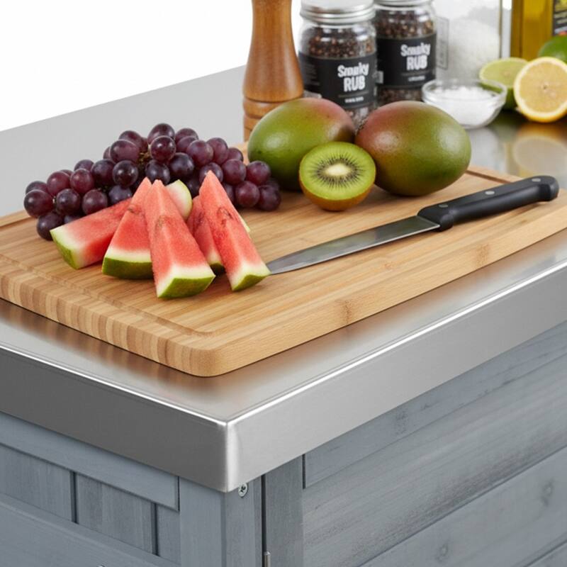 78.3 Inch Outdoor Grill Cart with Foldable Table Fir Wood Stainless Steel Top