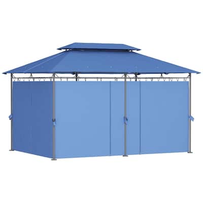 Large Metal Deck Gazebo with Two-Tier Roof and Removable Curtains Water-Drain Design for 12-Person