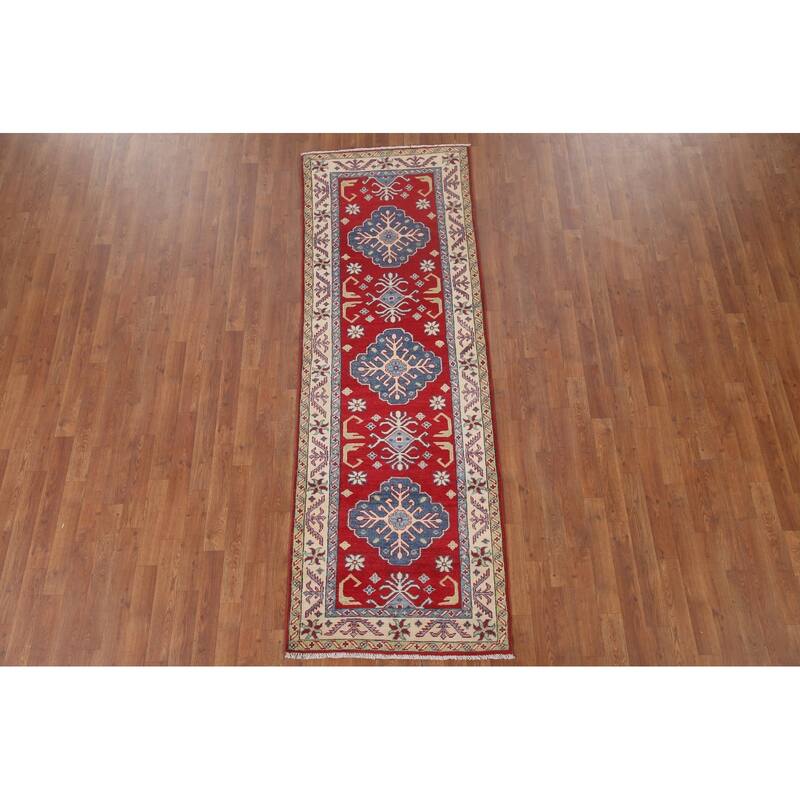 Hand Knotted Oriental 100% Wool Carpet Traditional Geometric Red Kazak Runner Rug - 8' 1'' X 2' 9''