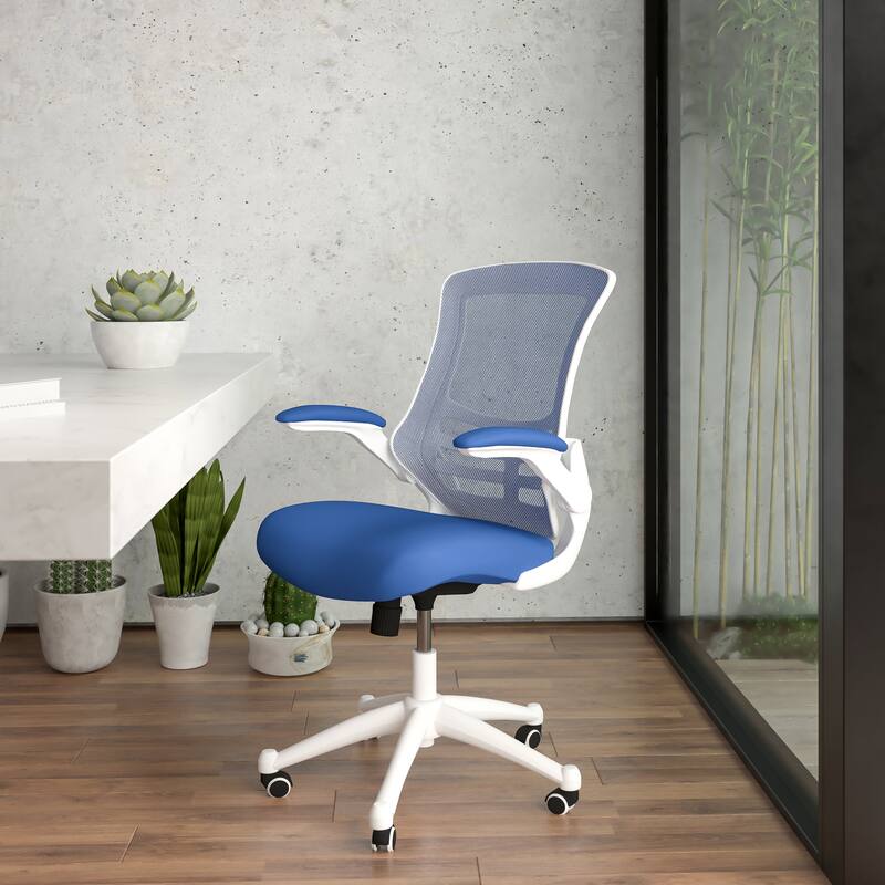 Mid-Back Mesh Swivel Ergonomic Task Office Chair with Flip-Up Arms - Blue Mesh/White Frame