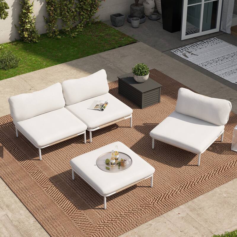 Outdoor Patio Sectional Sofa Conversation Set Cushioned Free Combination Customizable Set - 4-Seater with 4 arms - Beige