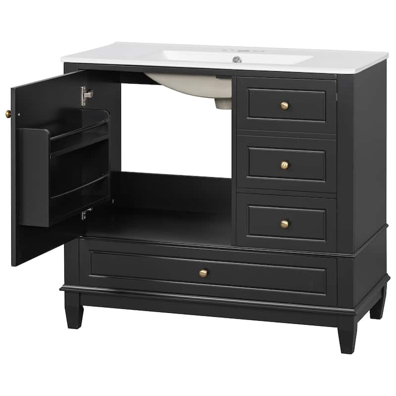 36 inch Bathroom Vanity Ceramic Sink MDF Solid Wood Base 3 Drawers Cabinet Gray 4 Inch Faucet Holes