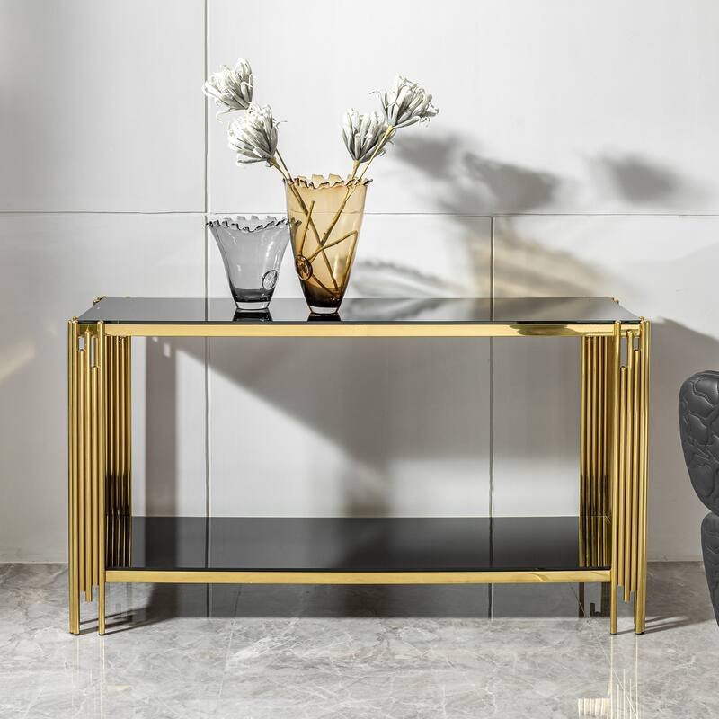 55.12" Glass Console Table with Irregular Gold Frame
