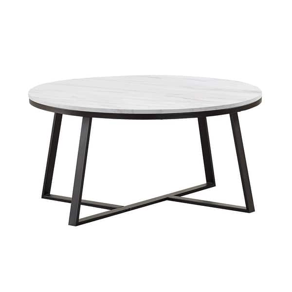Round Faux Marble Coffee Table with Metal Base in White and Matte Black