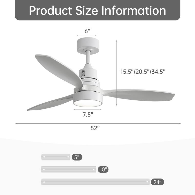 Sofucor 52 Inch Noiseless Ceiling Fan with Dimmable LED Light and Remote, 3 Solid wood Blades,Reversible DC Motor
