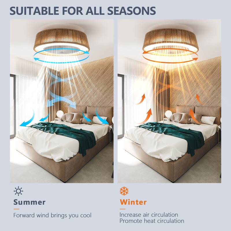 21" Bohemian Braided Ceiling Fan Light, Silent Remote Control with Timing Function, Adjustable Color Temperature