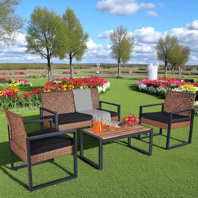 4-Piece Outdoor Patio Furniture Set with Rattan - Includes Double Chair, 2 Single Chairs, Coffee Table,Garden Conversation Set