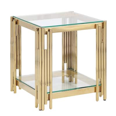 20" Wide Square End Table with Glass Top and Golden Stainless Steel Base