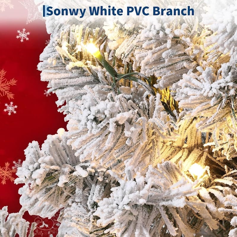 Foldable Metal Base Snowy Flocked Artificial Christmas Tree - N/A