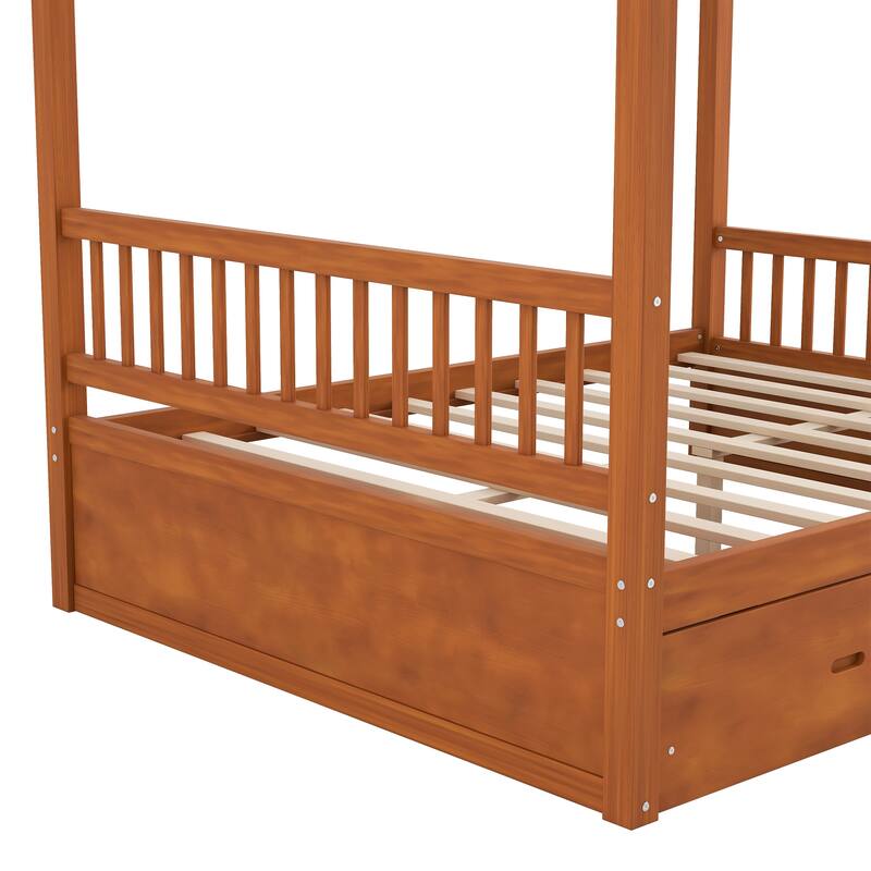 Roomfitters Queen/King Wooden Canopy Bed with 2 Storage Drawers, Solid Wood Frame, Walnut