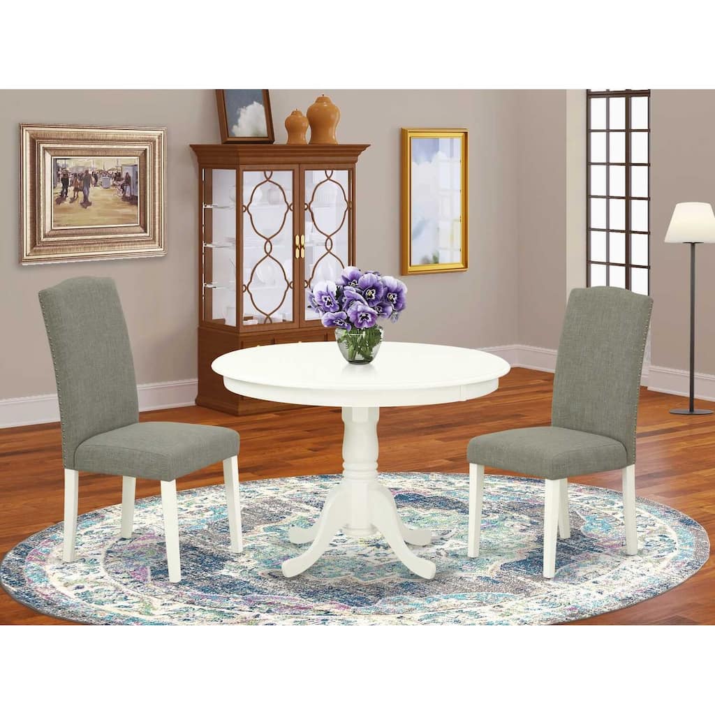 Round Dining Table Set 3pc - 42 Inch Table & 2 Parsons Chairs - Linen White Legs - Dark Shitake Fabric