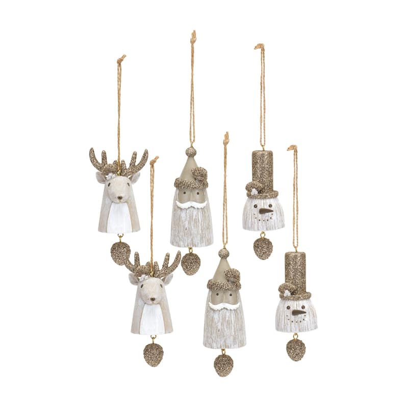 Santa/Snowman/Deer Bell Ornament (Set of 6) - White