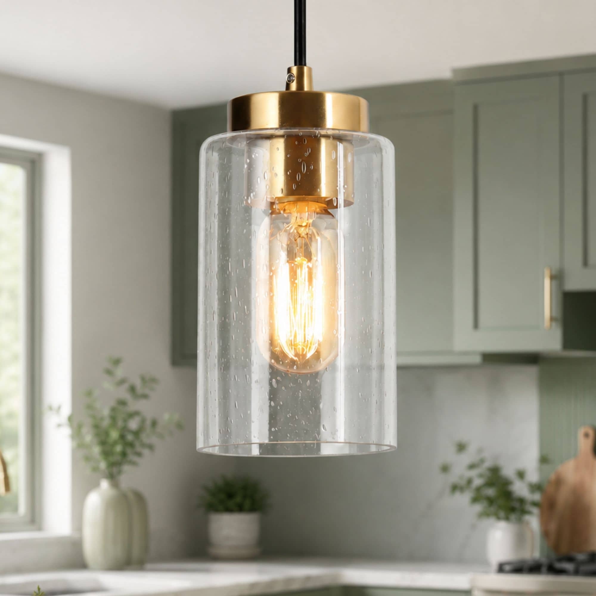 Modern Farmhouse 1-Light Black Gold Dimmable Kitchen Island Lights Cylinder Seeded Glass Pendant Lights for Dining Room
