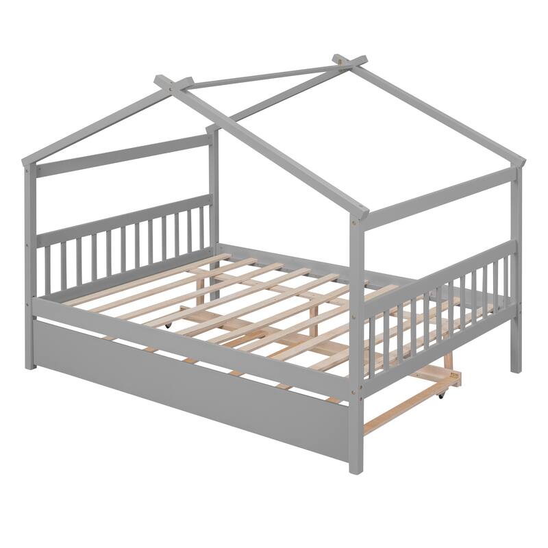 Full Size Wooden House Bed with Twin Size Trundle