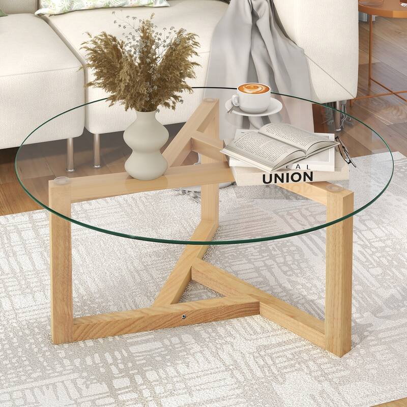 Modern Coffee Table with Tempered Glass Top and Sturdy Wood Base