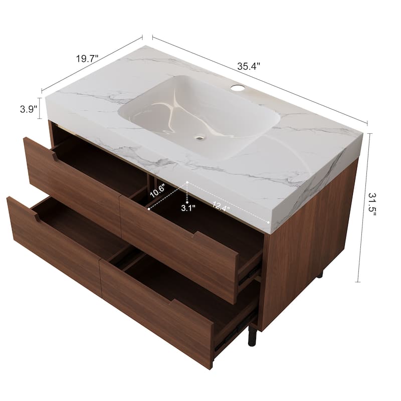 Freestanding/Wall-Mounted Bathroom Vanity with Sink, 4 Storage Drawers, Waterproof Solid Wood Frame and Detachable Iron Legs