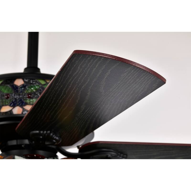 Parponk 52-Inch Flushmount Two-Tiered Lighted Ceiling Fan Green Hatch Tiffany Glass Lamp Black Finish