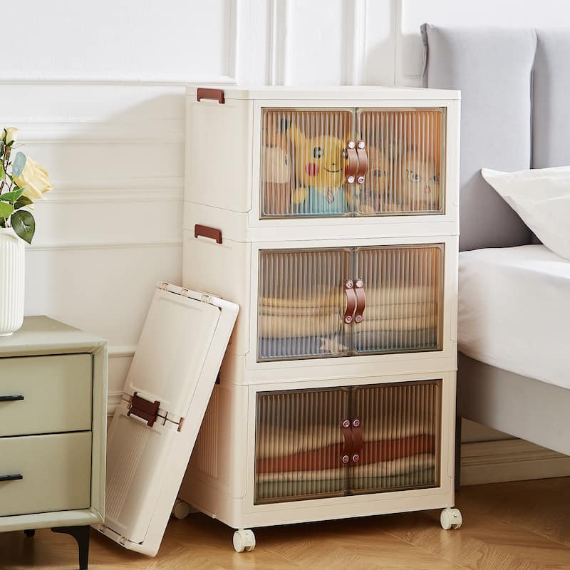 VECELO White PP Plastic Multifunctional Storage Bins with Lid 3/4/5 Tier Stackable Storage Bins with Wheels Magnetic Doors