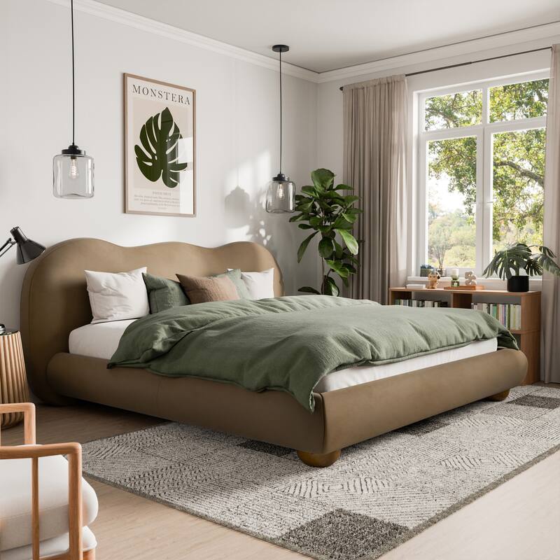 Furniture of America Nilo Modern Fabric Upholstered Platform Bed with Curved Headboard - Mocha Brown Velvet - King