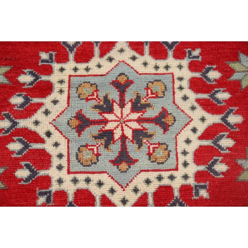 Geometric Kazak Runner Rug Handmade Red Wool Carpet - 2'11" x 9'8"