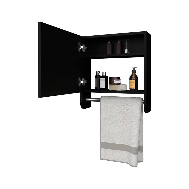 Black Wall-Mounted Medicine Cabinet with Towel Bar and Mirror, Perfect for Small Bathrooms and Tight Spaces