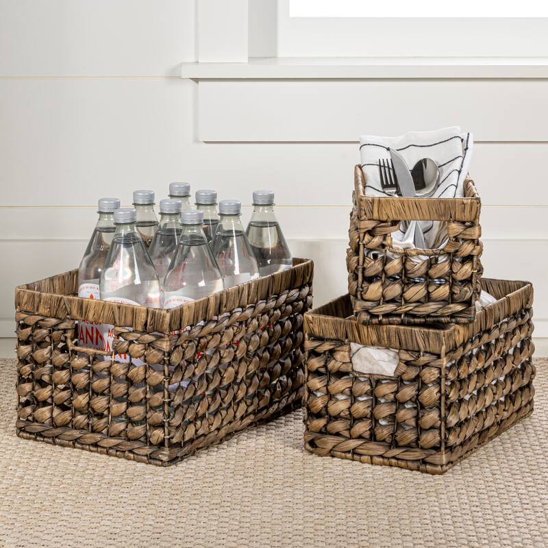Handwoven Rectangular Nesting Baskets with Handles (Set of 3) - Brown