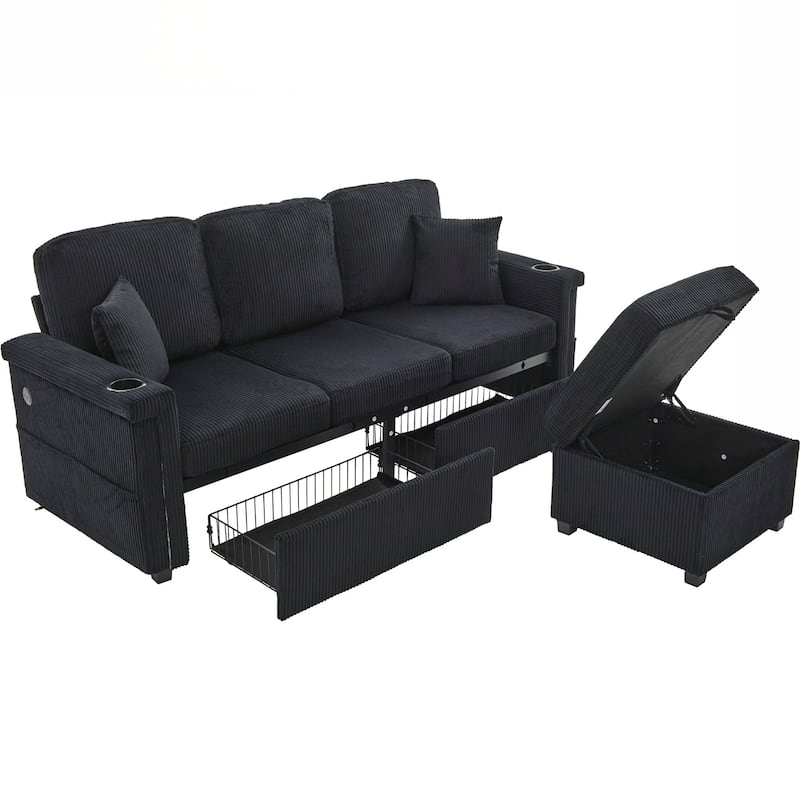 L-Shaped Sectional Sofa with Pull-Out Storage,Ottoman & Pillows 3-Seat with USB Charging,Cup Holder, Convertible Design